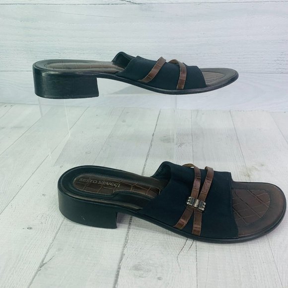Sesto Meucci Italy Black Brown Leather Low Block Heel Slide Sandals Size 9.5 N - Picture 5 of 7